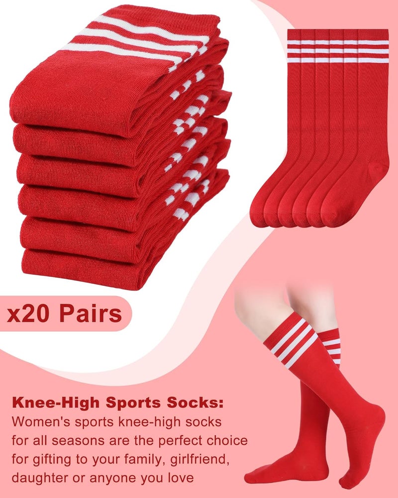 Chuarry 20 Pairs Red Knee High Socks for Women Classic Stripe Tube Outdoor Casual Athletic Socks Bulk for Cheerleading Activities Sport Spirit Event Wear - Image 2